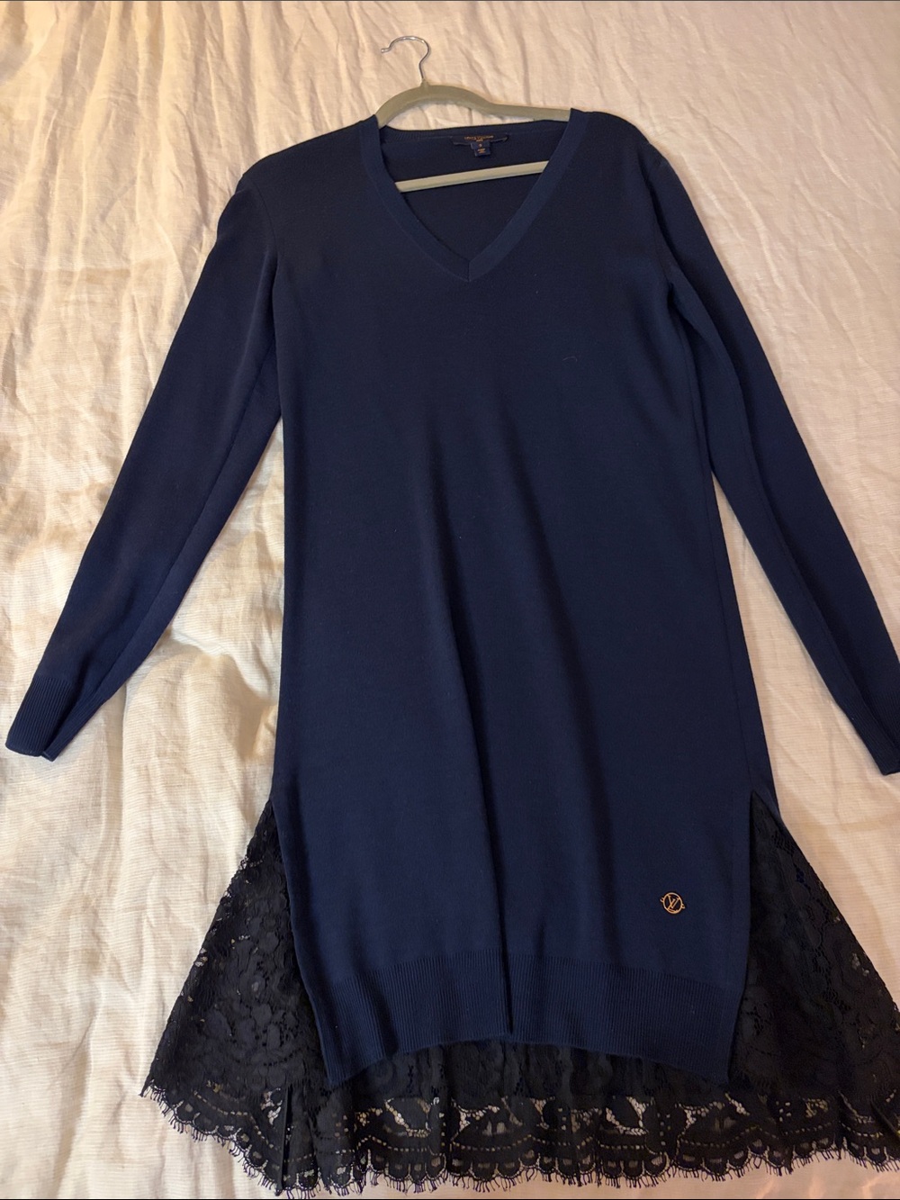 Louis Vuitton Navy V-Neck Sweater Dress with Black Lace Hem